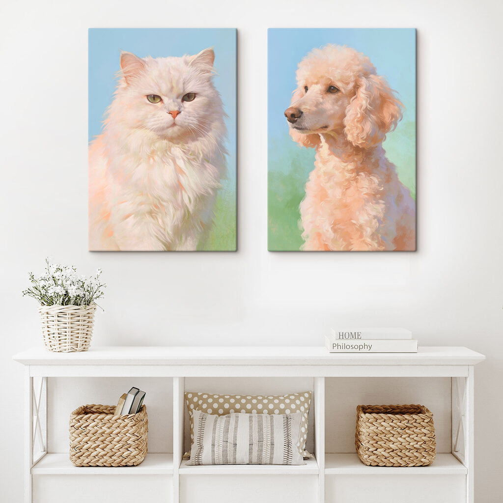 Lámina modular sobre lienzo Un gato y un perro mirando a la cámara (SKU: m30468) Lámina modular sobre lienzo Un gato y un perro mirando a la cámara (SKU: m30468)