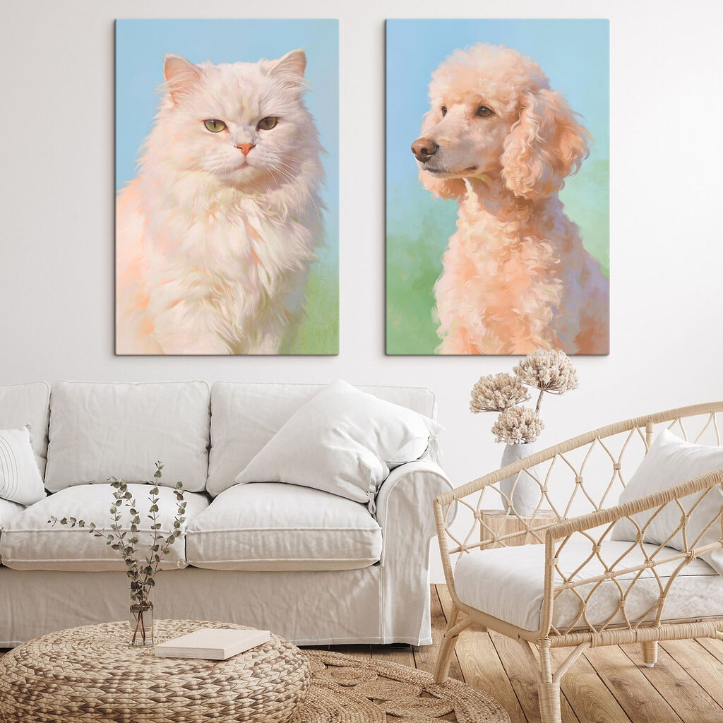 Lámina modular sobre lienzo Un gato y un perro mirando a la cámara (SKU: m30468) Lámina modular sobre lienzo Un gato y un perro mirando a la cámara (SKU: m30468)
