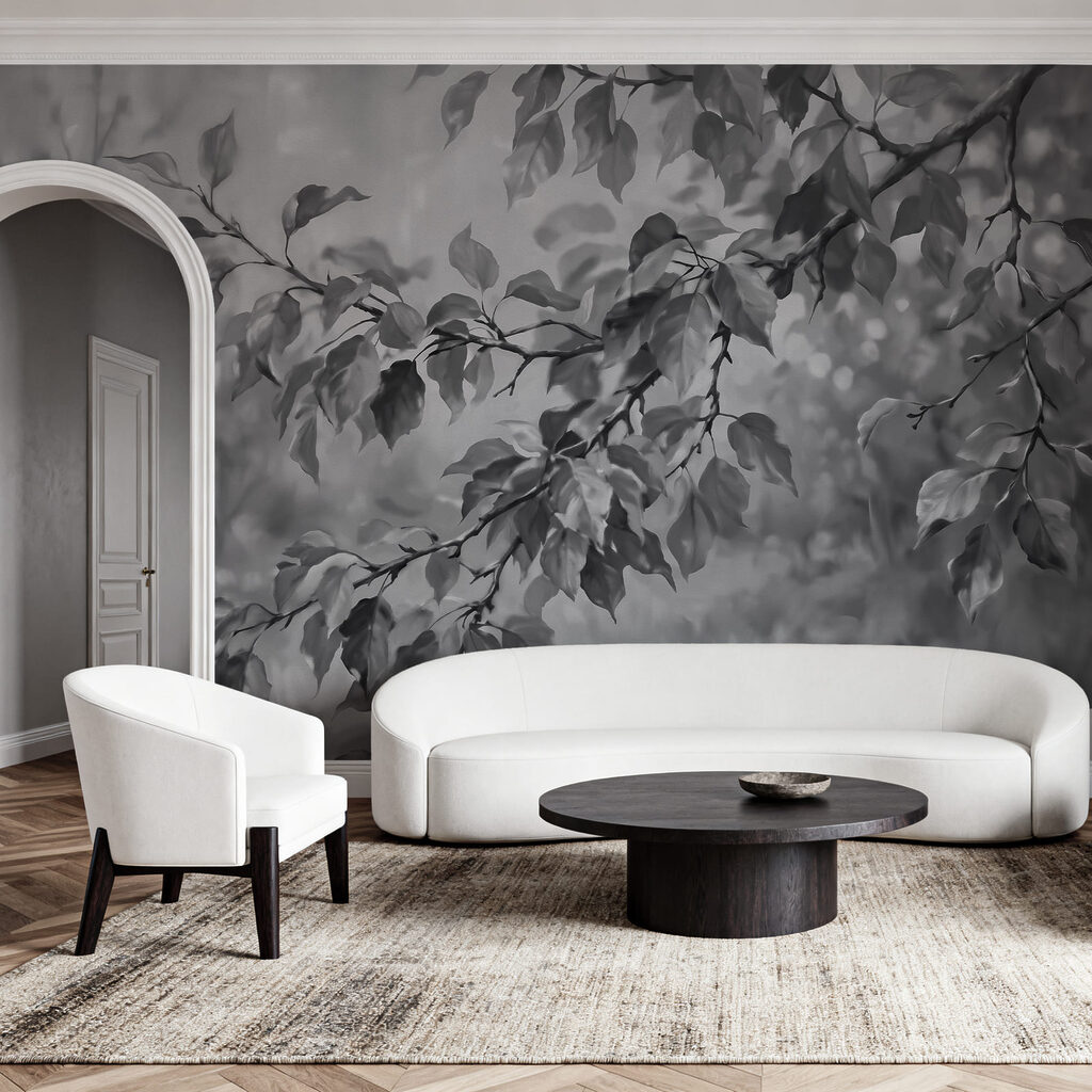 Imagen en blanco y negro de una rama de árbol con hojas Imagen en blanco y negro de una rama de árbol con hojas
