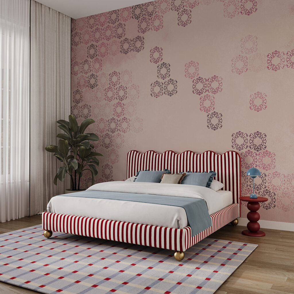 Fondo rosa con muchas formas pequeñas negras y rojas