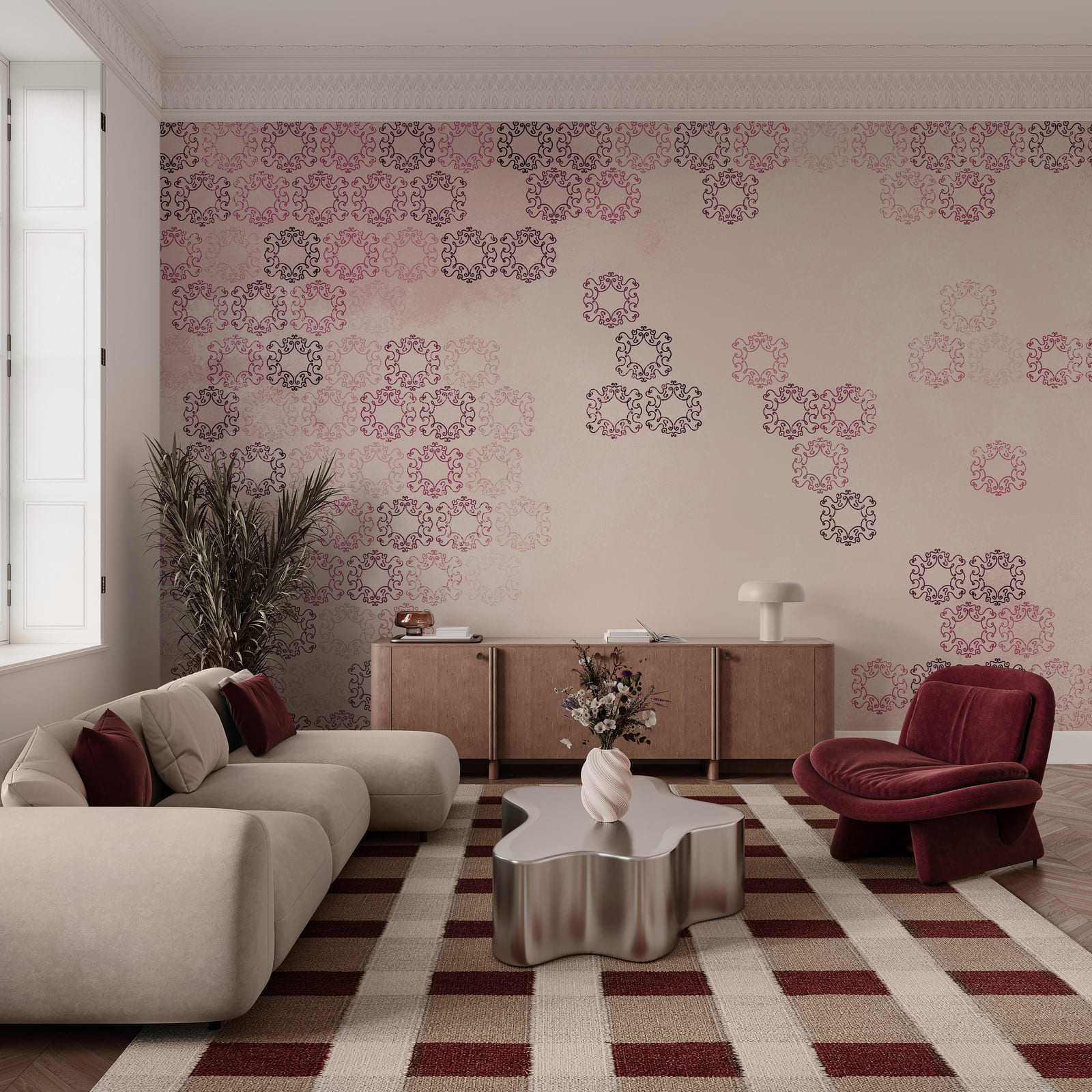 Fondo rosa con muchas formas pequeñas negras y rojas