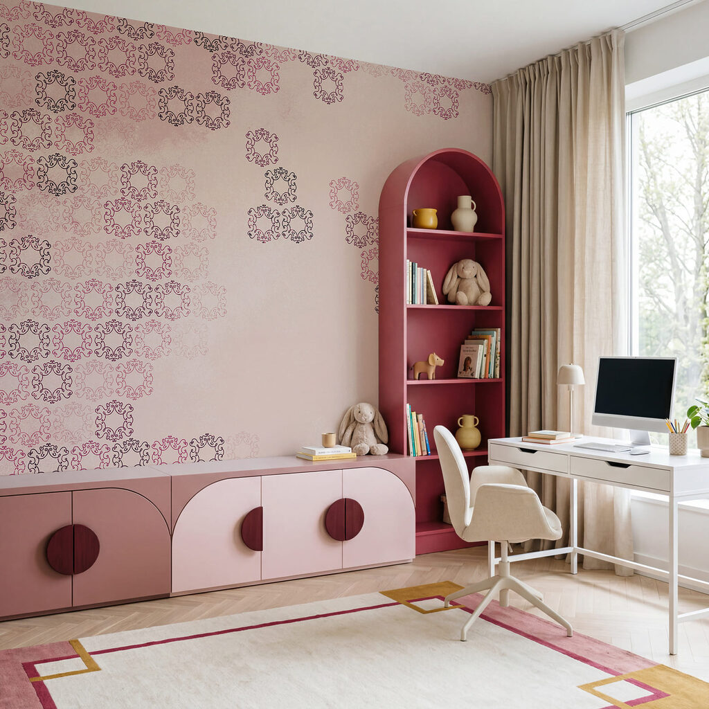 Fondo rosa con muchas formas pequeñas negras y rojas