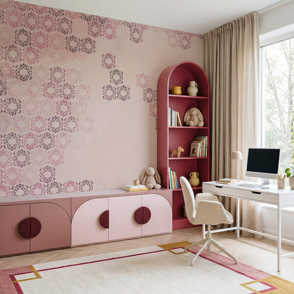 Fondo rosa con muchas formas pequeñas negras y rojas