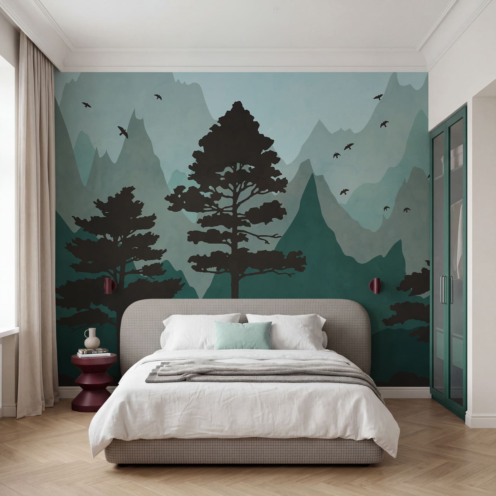 Cuadro de un bosque con montañas y pájaros Cuadro de un bosque con montañas y pájaros