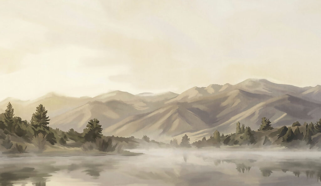 Water body with trees and mountains in the background