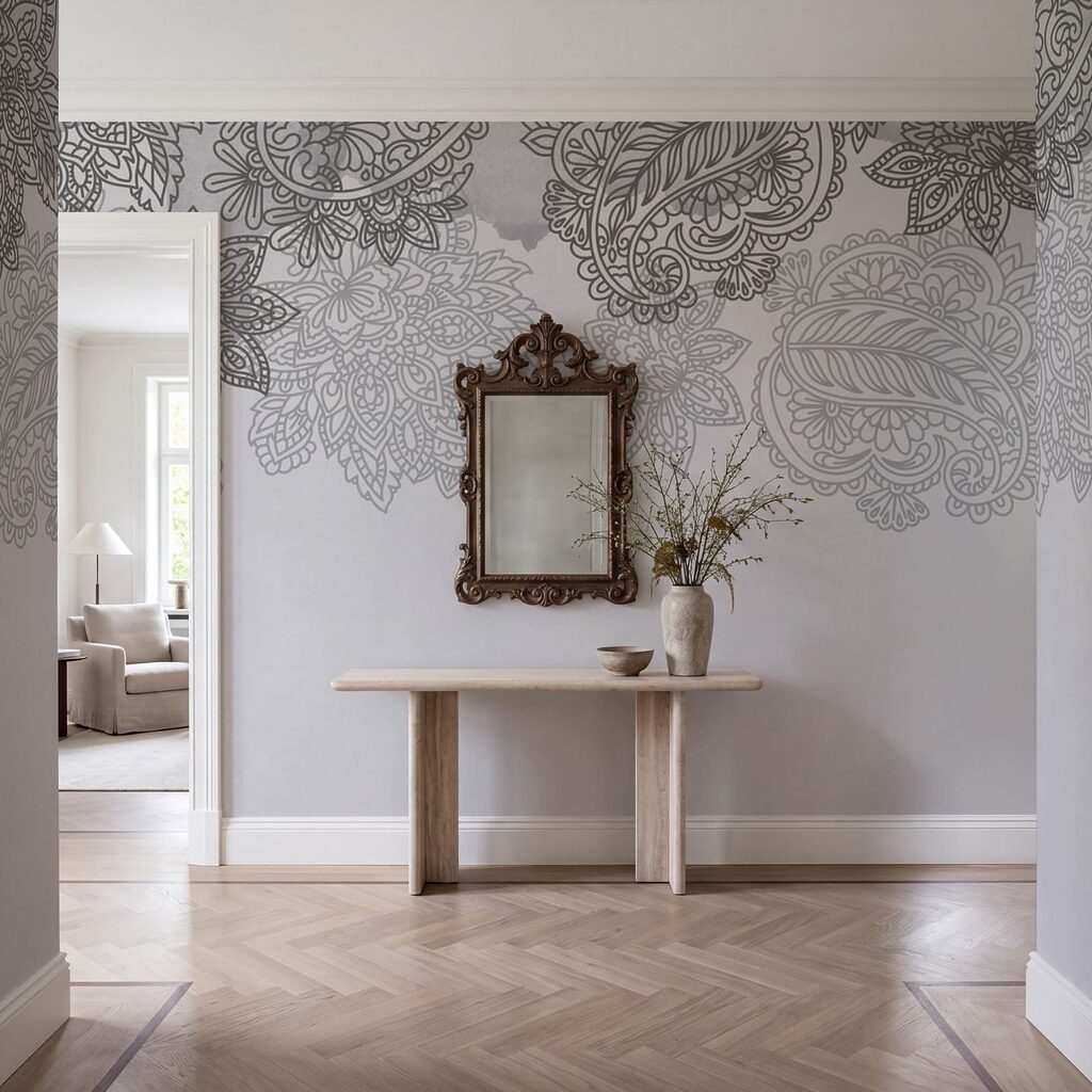 Fondo gris y blanco con diseño de paisley Fondo gris y blanco con diseño de paisley