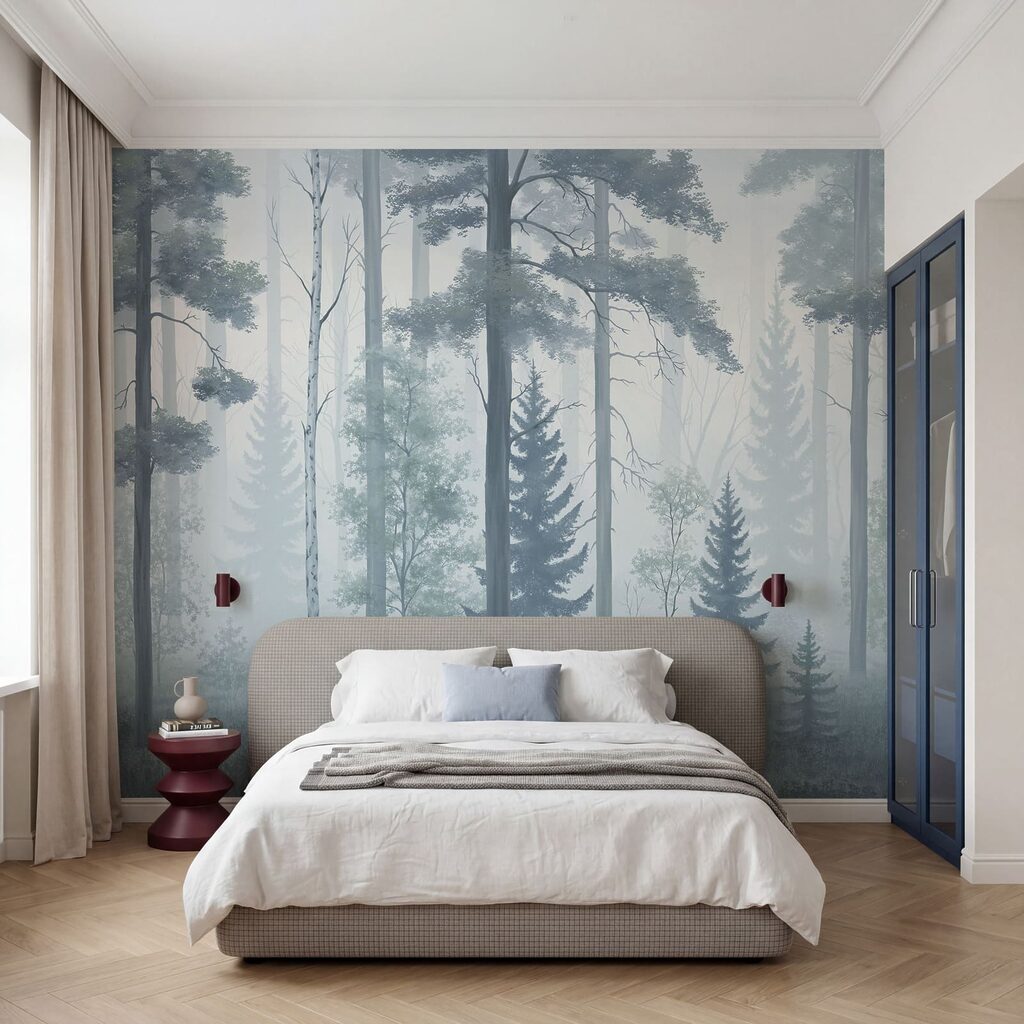 Bosque brumoso con árboles