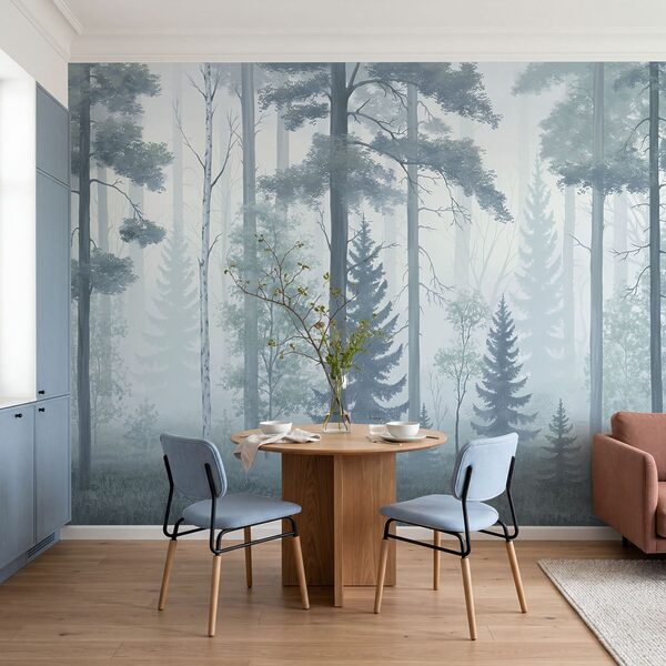Bosque brumoso con árboles