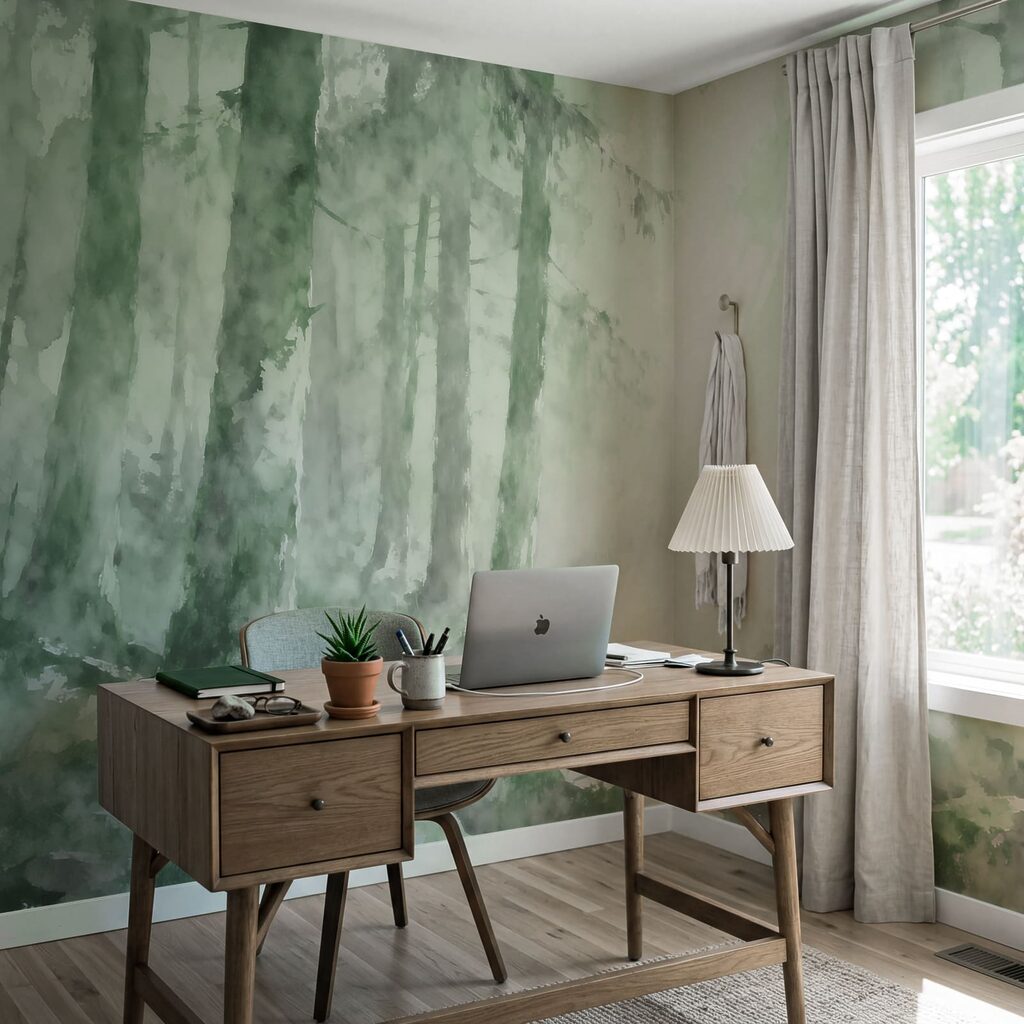 Pintura en acuarela de un bosque con rocas y árboles Pintura en acuarela de un bosque con rocas y árboles