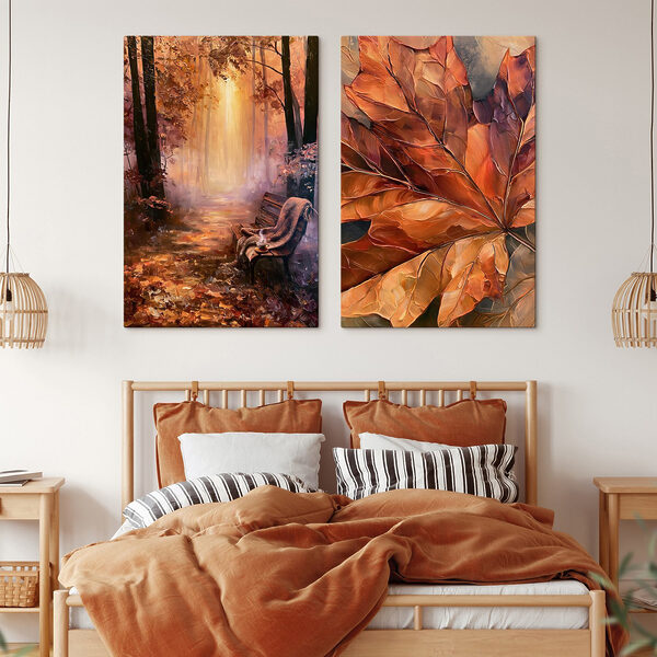 Painting of a bench and a leaf Painting of a bench and a leaf