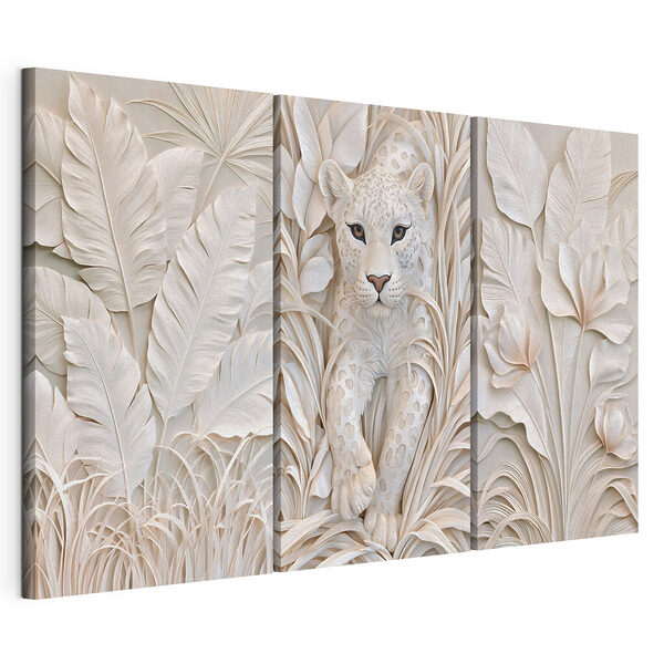 Escultura de un tigre blanco con hojas Lámina modular sobre lienzo Escultura de un tigre blanco con hojas