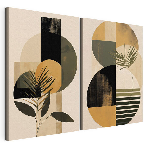 Planta con hojas y círculos Lámina modular sobre lienzo Planta con hojas y círculos