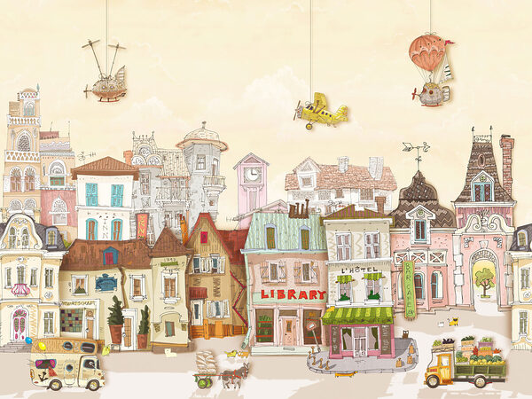Cartoon city with buildings and cars