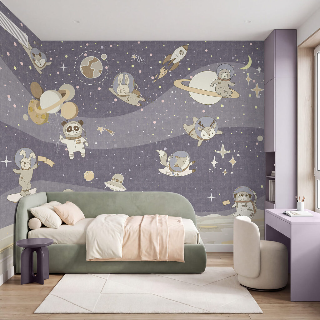 Escena espacial de dibujos animados con planetas y estrellas Escena espacial de dibujos animados con planetas y estrellas