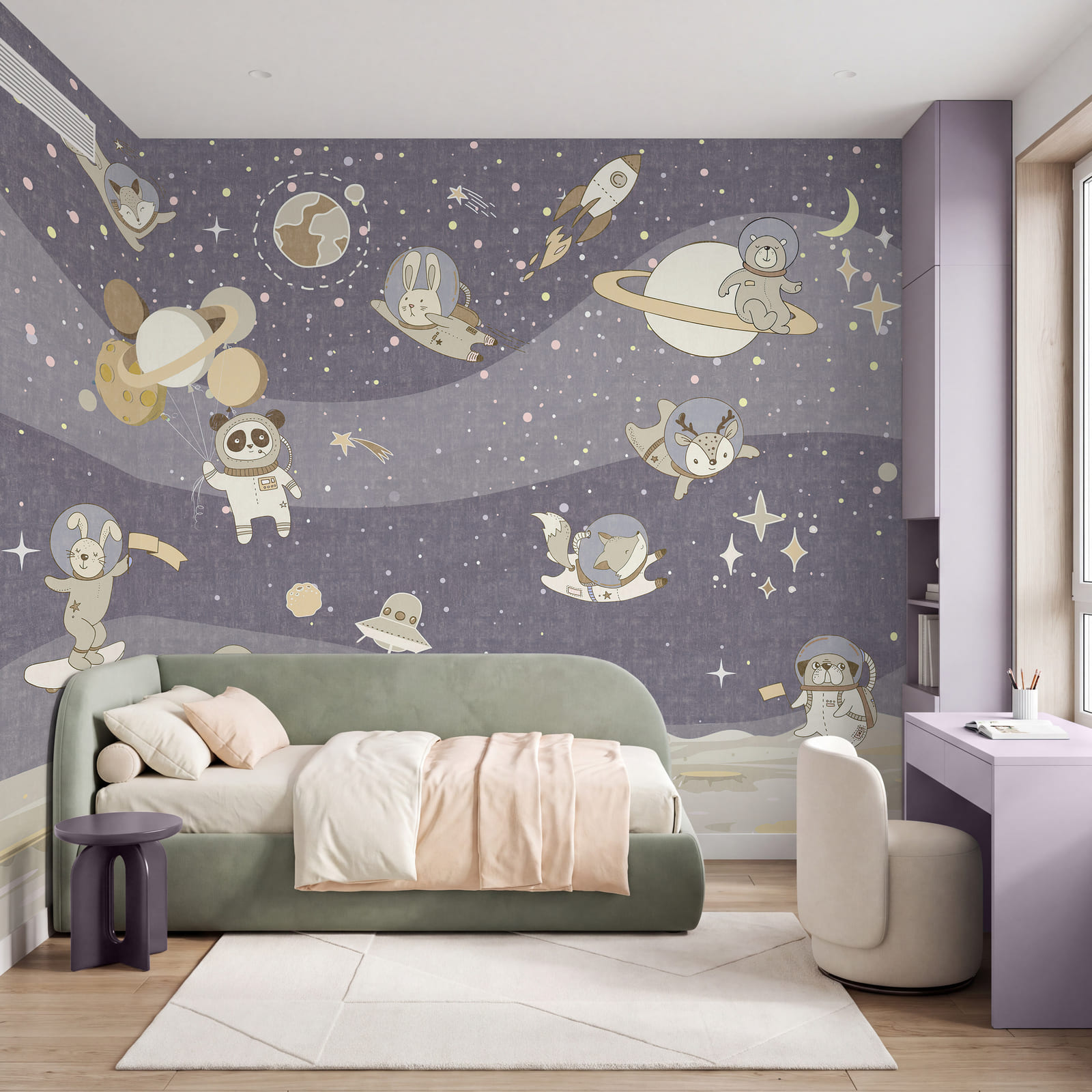 Escena espacial de dibujos animados con planetas y estrellas Escena espacial de dibujos animados con planetas y estrellas