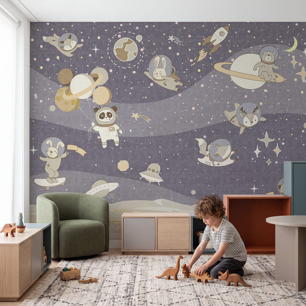 Escena espacial de dibujos animados con planetas y estrellas Escena espacial de dibujos animados con planetas y estrellas