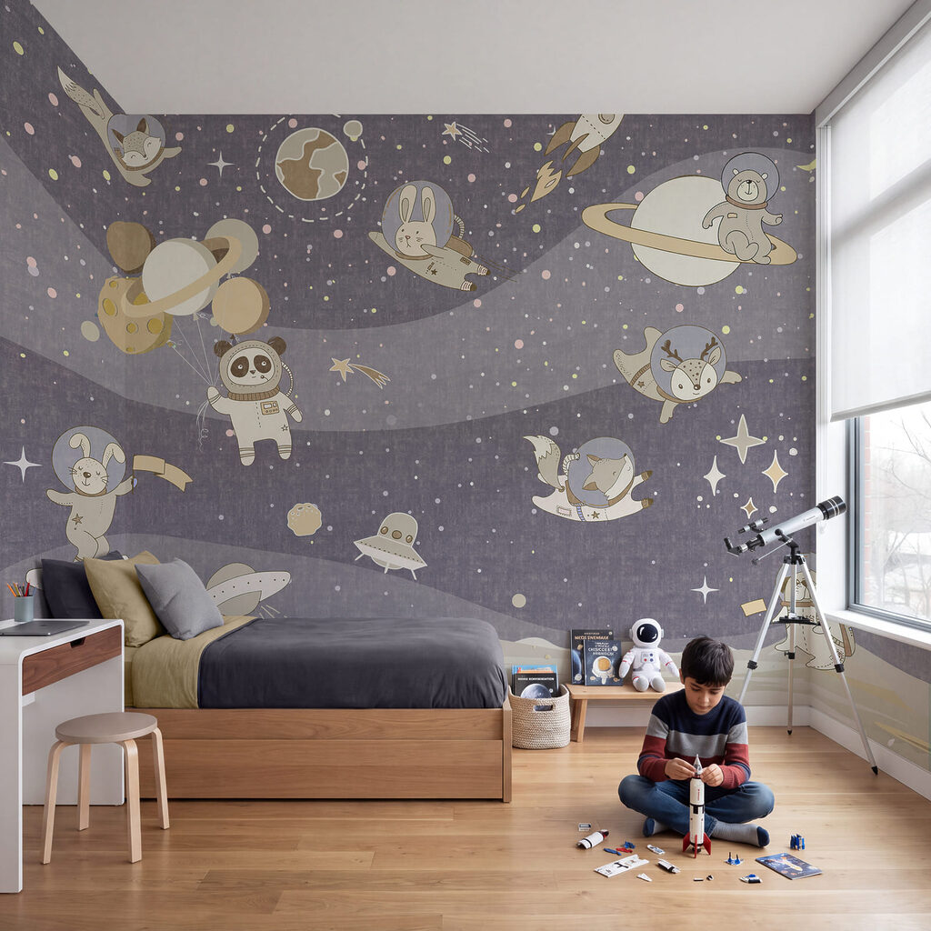 Escena espacial de dibujos animados con planetas y estrellas Escena espacial de dibujos animados con planetas y estrellas