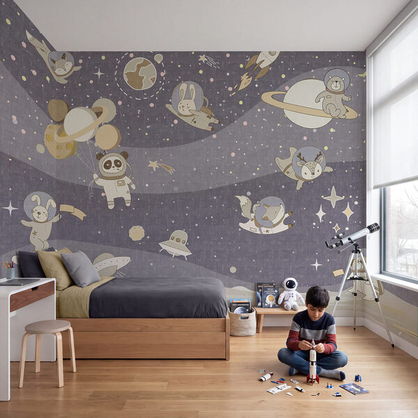 Escena espacial de dibujos animados con planetas y estrellas Escena espacial de dibujos animados con planetas y estrellas
