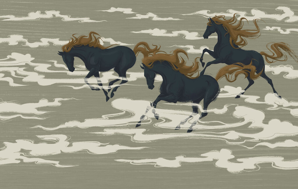 Fotomurales Grupo de caballos corriendo entre las nubes (SKU: t00997) Fotomurales Grupo de caballos corriendo entre las nubes (SKU: t00997)