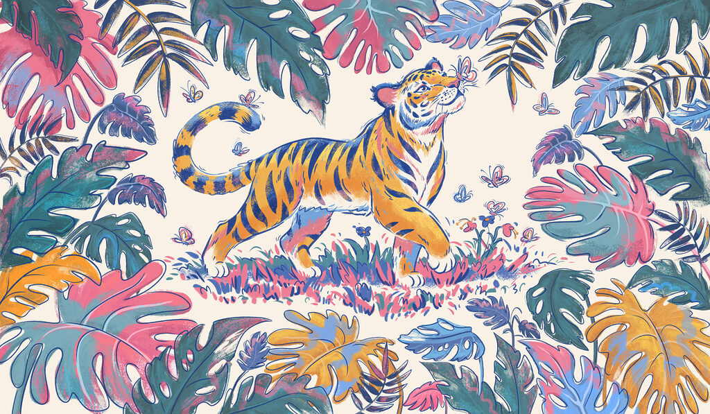 Fotomurales Tigre con mariposas en la boca (SKU: t01032)
