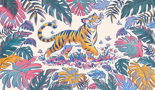 Fotomurales Tigre con mariposas en la boca (SKU: t01032)