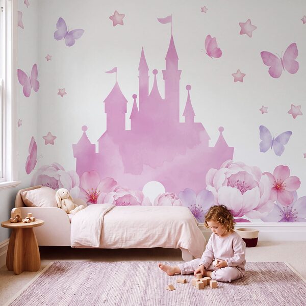 Fotomurales Castillo rosa con mariposas y flores (SKU: t01113)