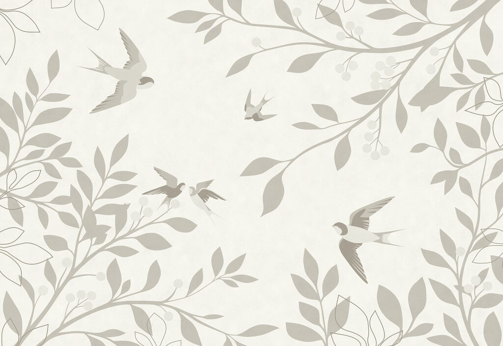 Fotomurales Fondo blanco con pájaros y hojas (SKU: t01090) Fotomurales Fondo blanco con pájaros y hojas (SKU: t01090)