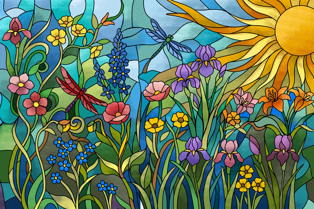 Fotomurales Vidriera con flores y libélulas (SKU: t01120)