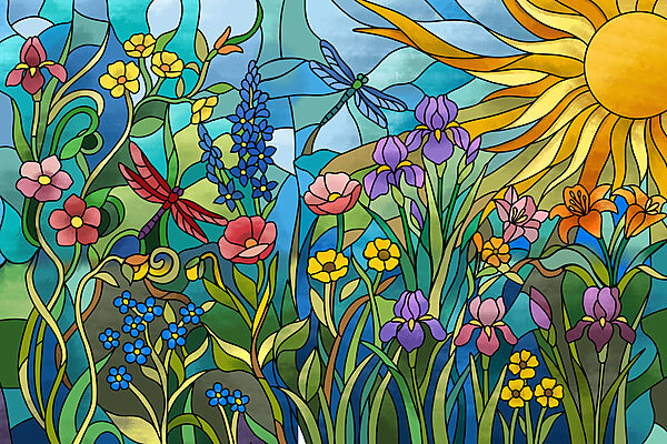 Fotomurales Vidriera con flores y libélulas (SKU: t01120)