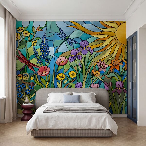 Fotomurales Vidriera con flores y libélulas (SKU: t01120)