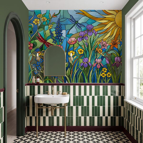 Fotomurales Vidriera con flores y libélulas (SKU: t01120)