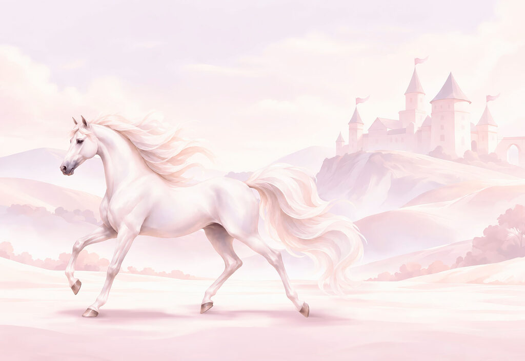 Fotomurales Un caballo blanco corriendo por un paisaje nevado (SKU: t01157)