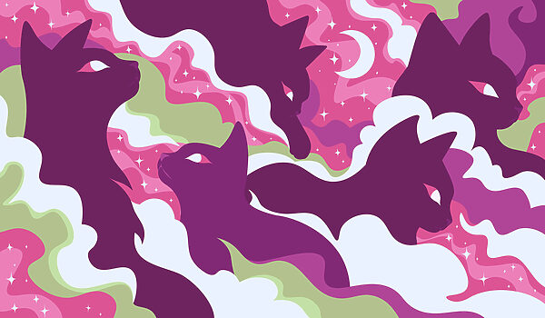 Fotomurales Gato morado con nubes y estrellas blancas y verdes (SKU: t01136v1)