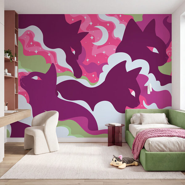Fotomurales Gato morado con nubes y estrellas blancas y verdes (SKU: t01136v1)