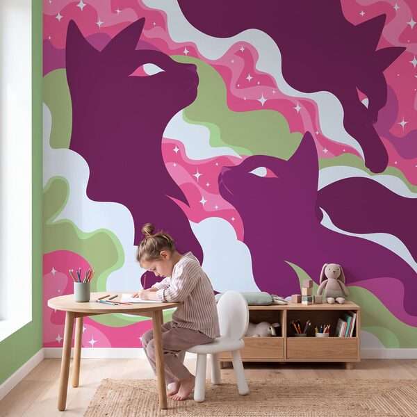 Fotomurales Gato morado con nubes y estrellas blancas y verdes (SKU: t01136v1)