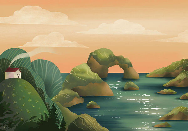 Fotomurales Paisaje de una masa de agua con rocas y árboles (SKU: t01165)
