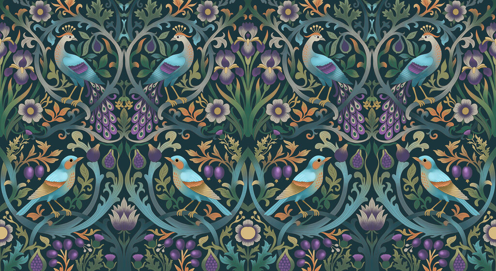 Fotomurales Estampado floral colorido con pájaros y flores (SKU: t01166) Fotomurales Estampado floral colorido con pájaros y flores (SKU: t01166)